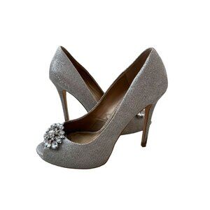 BADGLEY MISCHKA Belle Silver Jeweled Peeptoe Heels Size 7.5